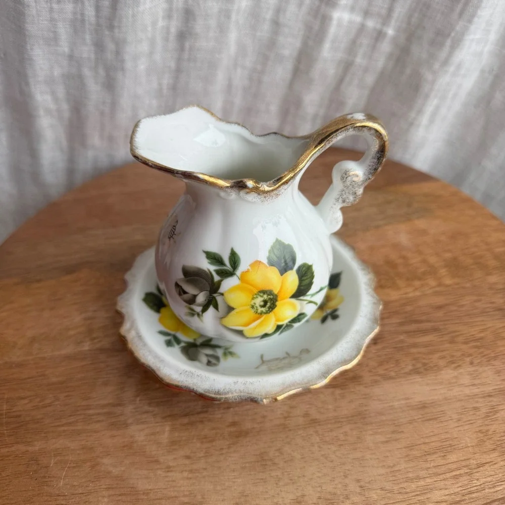VTG Enesco Mini Pitcher Creamer and Saucer White Yellow Floral Gold Trim Japan